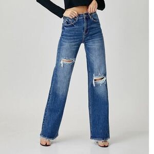 Risen High Rise Ripped Wide Leg Blue Denim Jeans Womens 11/30
